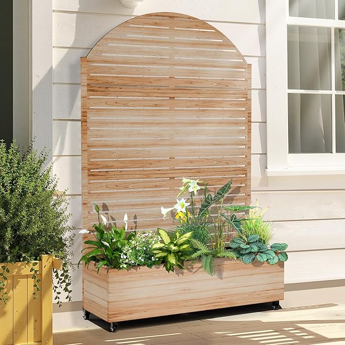 Raised Garden Bed with Arched Trellis and Wheels73x47x16 Metal Raised Garden BedAcacia Finish Metal Planter with Climbing Trellis for Vines &amp Vegetables