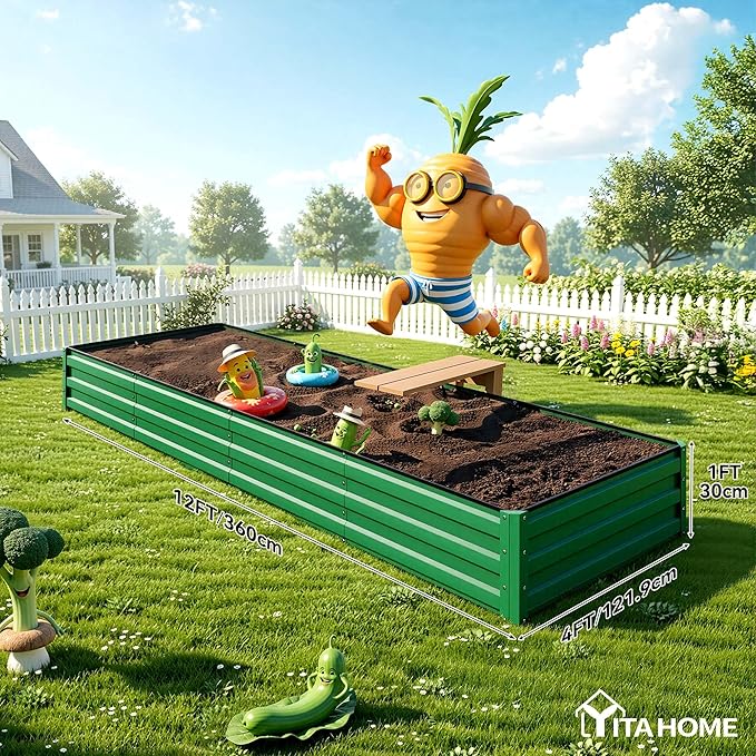 YITAHOME 4pcs 12x4x1 ft Galvanized Raised Garden Bed Kit Large Metal Planter Box with Gloves Safety Rubber &amp Support Rod Outdoor Flower Bed for Plants Vegetables Green