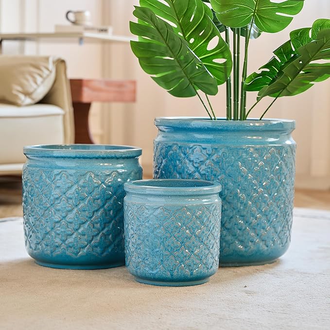 Handmade Ceramic Flower Pot Set of 3 15129 Inch Diameter Blue with Geometric Pattern for Orchids IndoorOutdoor Use on Windowsill Bookshelf Breathable Clay
