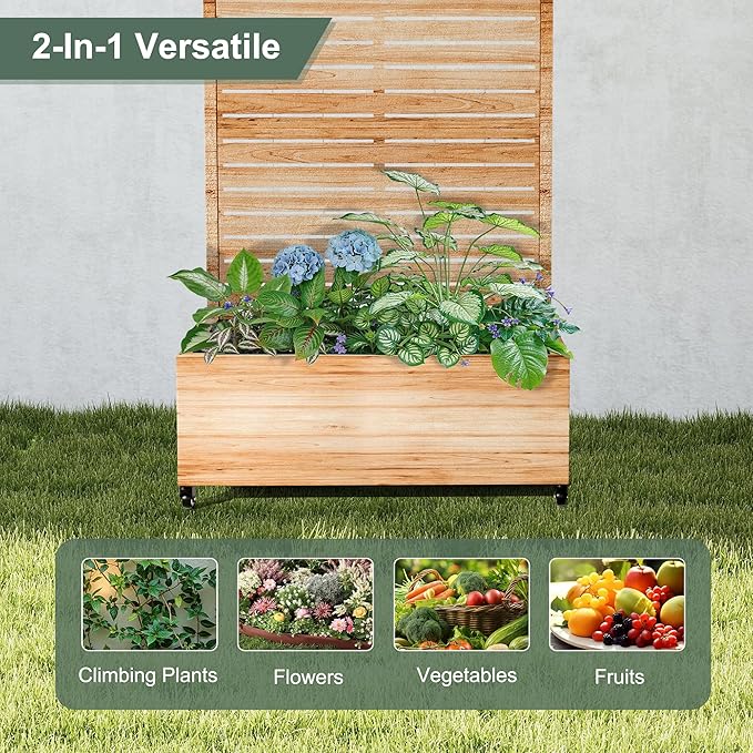 Metal Planter Box with Trellis for Patio Privacy Planter with Trellis Standing Planters Boxes with Privacy Screen Drainage Holes for Climbing Plants (35 L Arch White Wood Grain)