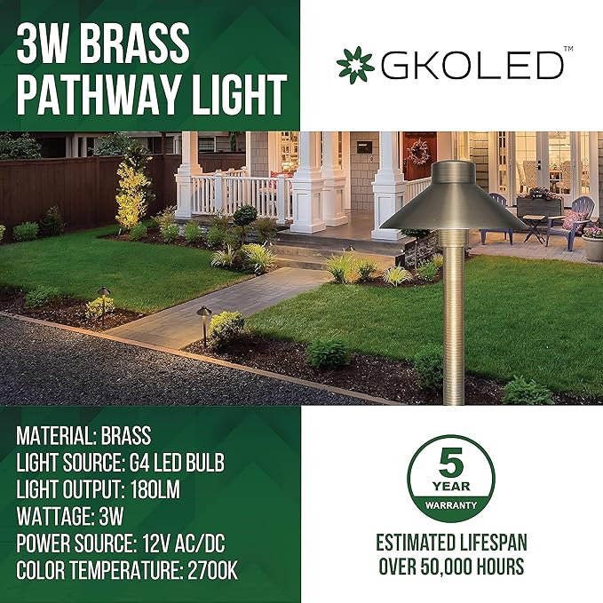 GKOLED 10 Pack Brass Landscape Spotlights (MR16 Bulbs Included) with 4 Pack Brass Landscape Path Lights (G4 Bulbs Included) with 1 Pack 120W Low Voltage Transformer