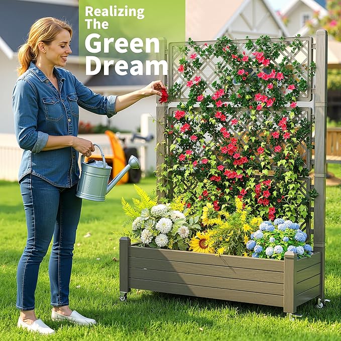 Elevated Raised Garden Bed with TrellisOutdoor Large Resin Patio Planter Box with Lockable Wheels Drain PlugWater Monitor for Plants Vegetables Flowers Fruits (Grey 43.43 * 18.27 * 64.29)