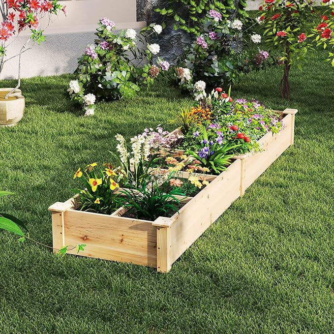 Giantex Wooden Raised Garden Bed with 2 Planter Boxes &amp Dividers 90x25x10 Raised Bed for Flowers Vegetables Fruits Herbs Gardening Planting Outdoor Garden Box for Patio Backyard Lawn (1)