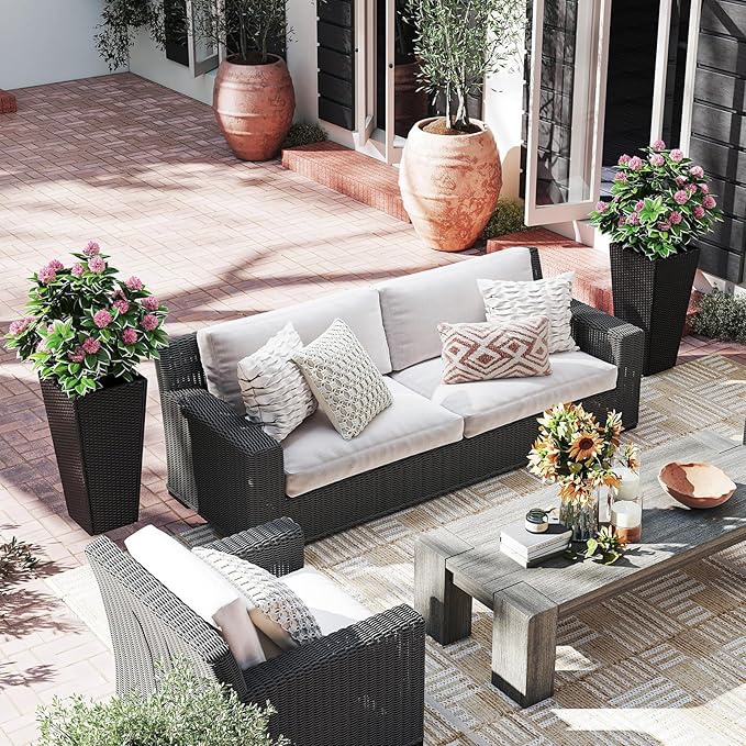 Giantex Set of 2 Outdoor Wicker Flower Pot 30 Inch Tall Planters with Drainage System PE Rattan Flower Pots Indoor Outdoor Decoration for Front Porch Balcony Entryway Dark Brown