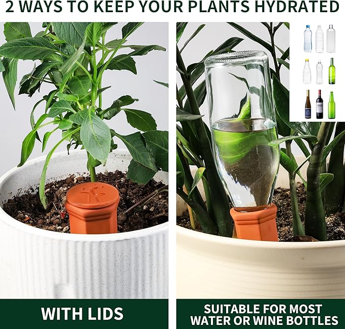 Large Terracotta Watering Spikes with Lids Automatic Plant Waterer Outdoor | Indoor Vacation Friendly Clay Plant Watering Devices System Slow Release Self Watering Planter Insert 4 Pack