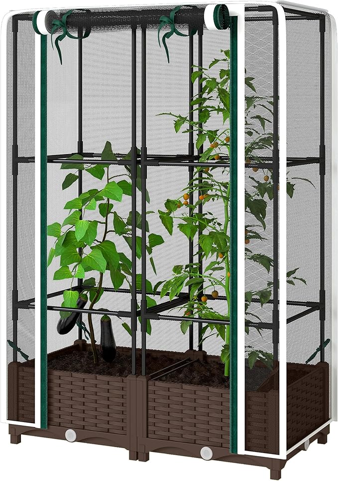 Modular Crop Cage &amp Raised Bed Combo Quick-Assemble Gardening System for Patio or Yard - Removable Cover Adjustable Height Plant Cage for Seasonal Use on a Versatile Garden Box (White)