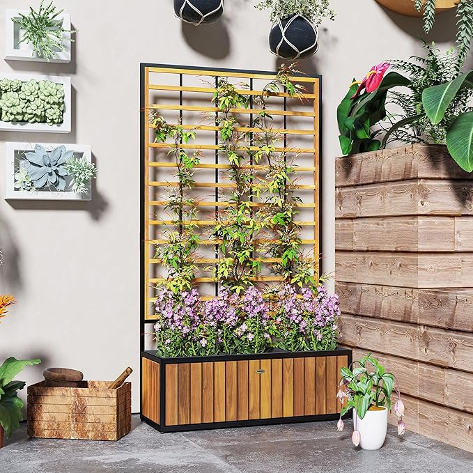 Outsunny Wooden Raised Garden Bed with Trellis Removable Pots Drainage Holes for Climbing Vines Vegetables Flowers Raised Planter Box for Backyard Patio Balcony 29 x 11 x 52 in. Teak