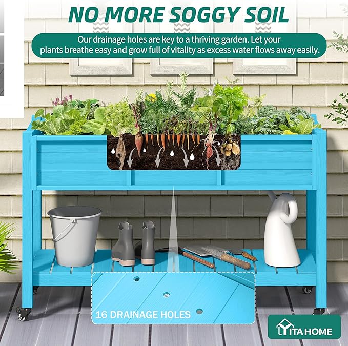 YITAHOME Raised Garden Bed HDPE 47x18x31In Raised Flower Bed Poly-Wood Weather-Resistant Elevated Planter Box with Lockable Wheels &amp Storage Shelf for Vegetable Flower Aruba Blue