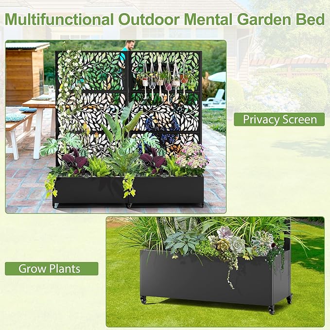 Raised Garden Bed with Trellis and Wheels73x35x16 Metal Raised Garden BedBlack Flowing Leaf-2 Metal Planter with Climbing Trellis for Vines &amp Vegetables