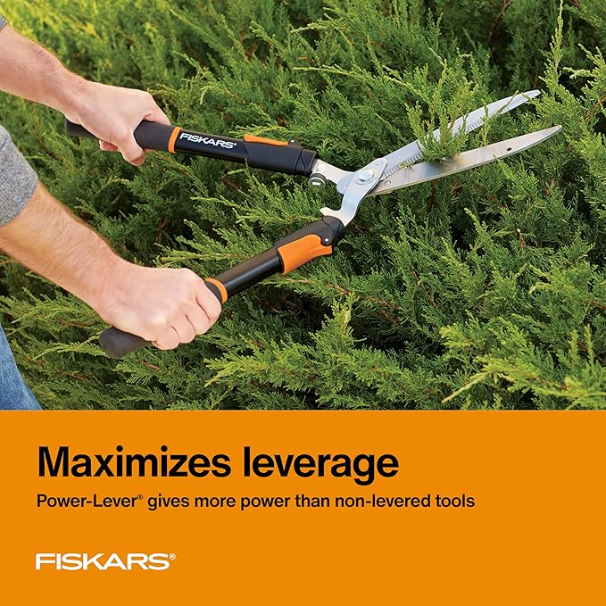 Fiskars Power-Lever Extendable Hedge Shears Self-Sharpening Serrated Steel Blades for Clean Cuts Handles Adjust 25-33 for High Reach Multiplies Leverage for 2x Power 10 Blades Orange/Black