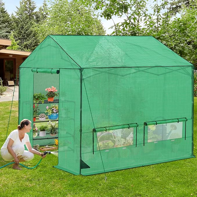 10x10 Pop Up Greenhouse Instant Walk in Green House with PE Cover Power Ports Roll up Doors &amp Windows for Indoor Outdoor Plant Growing Green