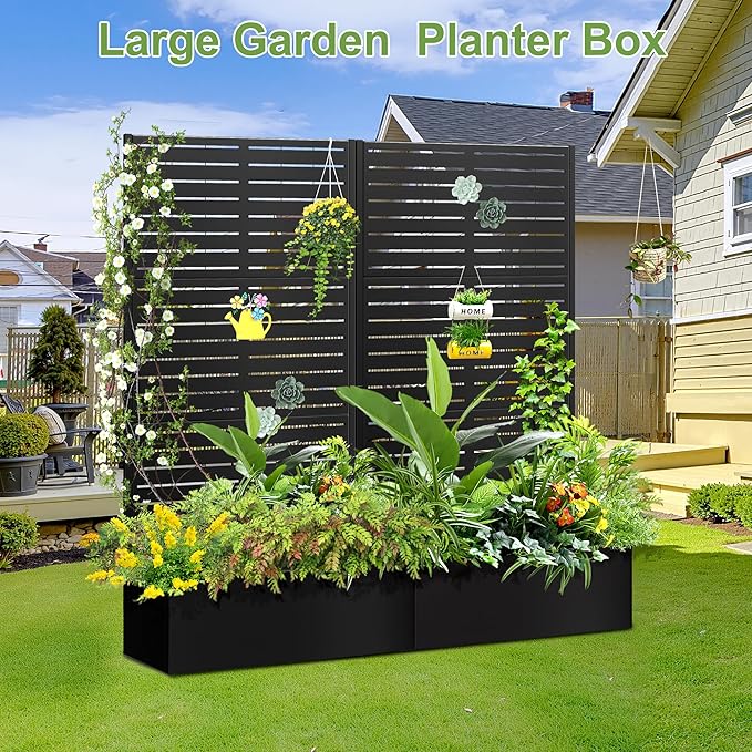 Trellis for Climbing Plants OutdoorMental Garden Bed with Drainage Holes Outdoor Privacy Screen Design Tall planters for herb Flower Vegetables 73x35x16 Black-Louvered