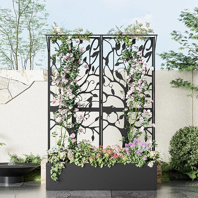 Metal Planter Box with Trellis Set of 2 Outdoor Privacy Planters for Patio Tall Raised Garden Bed for Climbing Plants Vegetables Fruits Balcony Outside 62.4 x 12.2 x 44.6 Inch 2PCS Black