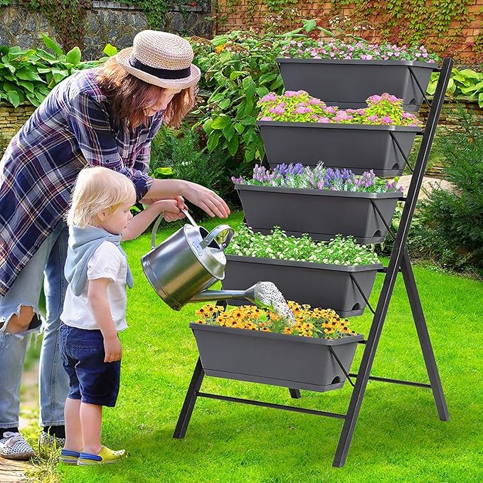 GRAFFY Vertical Raised Garden Bed 5 Tier Elevated Flower Planter Raised Beds with Water Drainage Vertical Garden Planter Freestanding Raised 5 Container Boxes for Balcony Patio Backyard