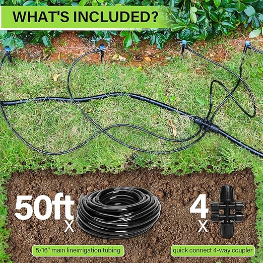 Bonviee 50FT 5/16 Drip Irrigation Tubing and 4 Packs 4-Way Quick Coupler Push-to-Connect Fittings- DIY Garden Irrigation System Misting or Blank Distribution Tubing for Any Gardening Project
