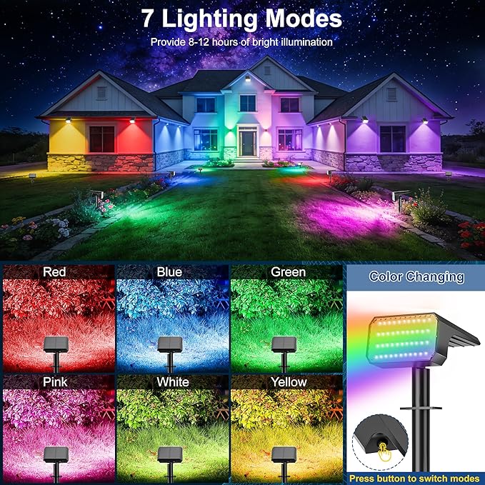 LANSOW Solar Spot Lights Outdoor Color Changing 2 Pack/7 Modes Waterproof Solar Christmas Landscape Spotlights LED Solar Powered Flood Lights for Yard Garden Pathway Outside Halloween Auto ON/Off