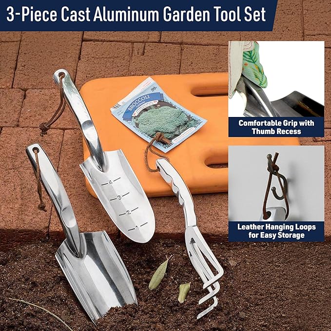Hand Gardening Tools 3 Pack with Cultivator Hand Rake Transplanting Shovel and Garden Trowel for Planting - Heavy Duty Cast Aluminum Garden Tool Set with Ergonomic Handles by Kings County Tools
