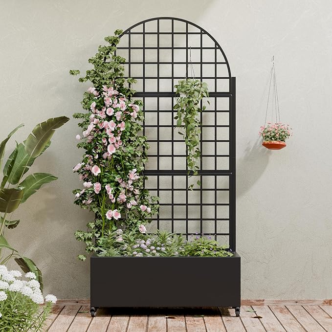 Casaphoria Metal Raised Garden Bed with Trellis and Wheels 72x35x16 Arched Planter Box for Climbing Plants Vegetables &amp Vines Features Drainage Holes and Privacy Screen (Black-Grid)
