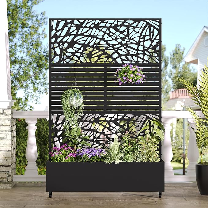 Casaphoria Metal Raised Garden Bed with Trellis and Wheels 72x47x16 Arched Planter Box for Climbing Plants Vegetables &amp Vines Features Drainage Holes and Privacy Screen (Black-Net&ampLouver