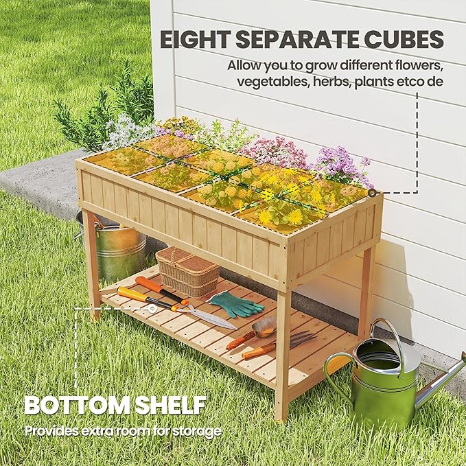 Outsunny 43x18x30in Raised Garden Bed with 8 Pockets and Shelf Wooden Elevated Planter Box with Legs to Grow Herbs Vegetables and Flowers Natural