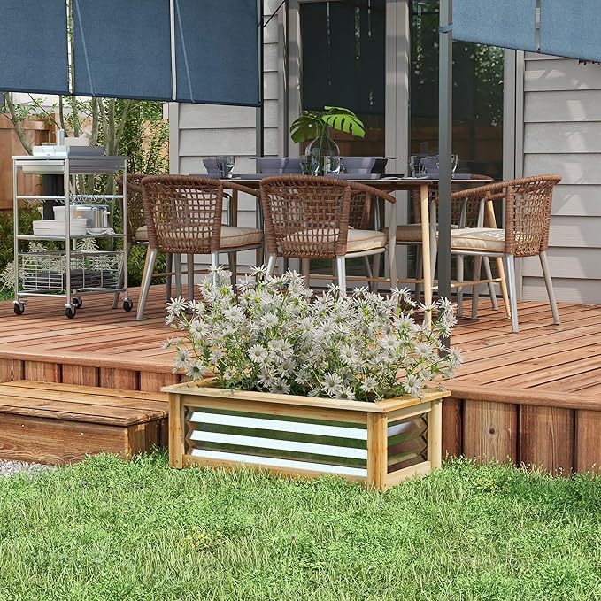 Raised Garden Bed Kit Outdoor Planter Box Galvanized Metal Reinforced with Wood Stock Tank for Growing Flowers Herbs and Vegetables