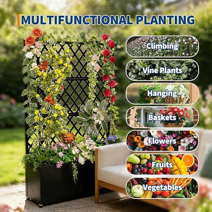 Galvanized Steel Raised Garden Bed with Trellis &amp Privacy Screen - 71 in x35 in x16 in Planter Box with Lockable Casters &amp Drainage Holes for Vines Vegetables On Patio Deck or Yard Black