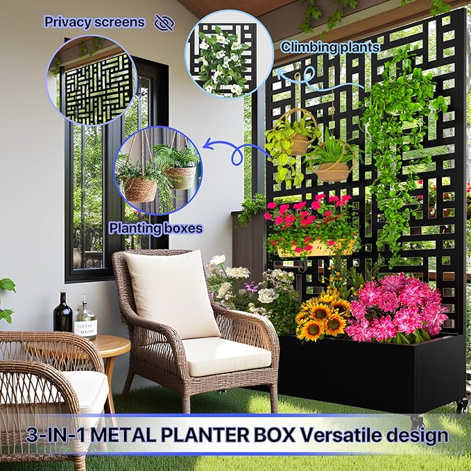 Metal Planter Box with Trellis72x47x16Galvanized Steel Outdoor Raised Garden Bed with Privacy Screenwith Drainage Holes &amp Lockable Casters for Climbing PlantsVegetablesand Vines(Black-JD)