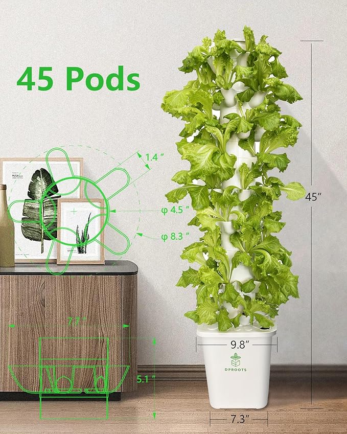 Hydroponic Tower Growing System45 Pods Vertical GardenSuitable for Indoor and Greenhouse Grow Herbs and VegetablesHouseplant Farming with Water Circulation and Automatic Timer