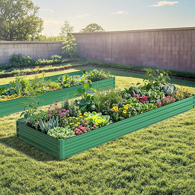DWVO 12 x 4 x 1 FT Raised Garden Bed Kit Outdoor Galvanized Flower Bed with Safety Rubber and Gloves Large Metal Planter Box for Vegetables Flowers Herbs Fruits Green