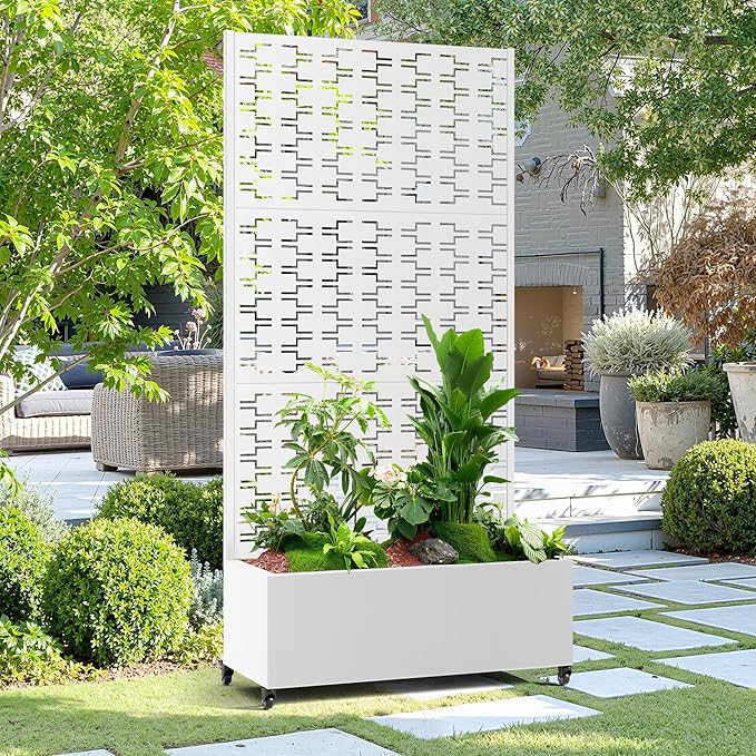 15.7×70.9×35.4 Metal Raised Garden Bed with Trellis and Wheels - Tall Trellis Planter Box for Climbing Plants Vegetables &amp Vines - Outdoor Privacy Planters for Patio (White-Brick)