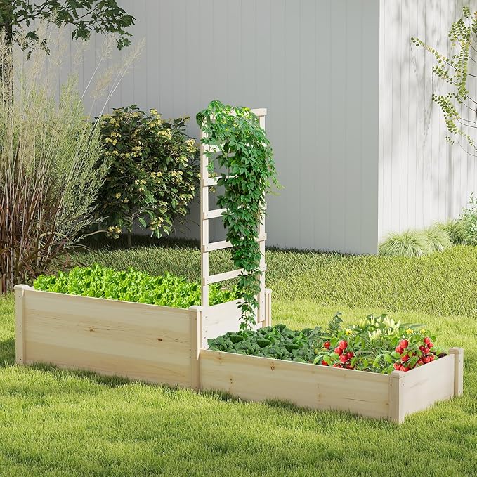 Giantex Wooden Raised Garden Bed with Trellis &amp 2 Planter Boxes Raised Bed for Vegetables Flowers Vine Fruits Herbs Gardening Planting Outdoor Garden Box for Patio Backyard Lawn