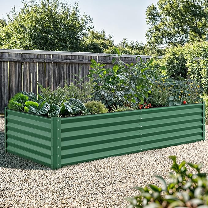YITAHOME 2pcs 8x4x1.5 in Galvanized Raised Garden Bed Kit Large Metal Planter Box with Gloves Safety Rubber &amp Support Rod Outdoor Flower Bed for Plants Vegetables Green