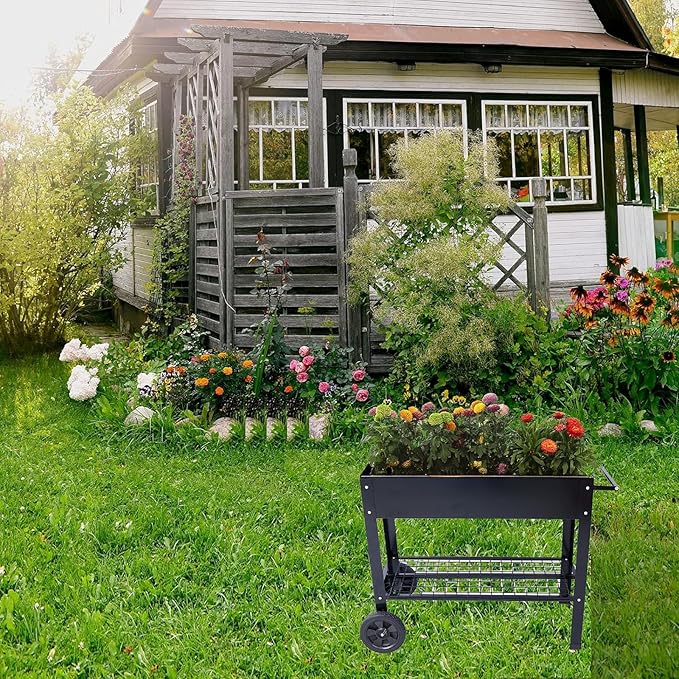 Products Elevated Mobile Raised Ergonomic Metal Planter Garden Bed for Backyard Patio w/Wheels Lower Shelf Black