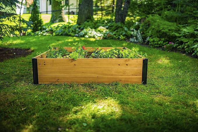 Vita Mezza 4 Foot x 4 Foot x 11 inch Cedar Wood Modular Garden Bed with Black Aluminum Posts FSC Woodgrain Golden Brown Pre-Stained VT17703