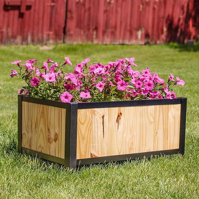 Sunnydaze Steel-Framed Acacia Wood Rectangular Planter Box - 15.5 H Wooden Raised Garden Bed with Removable Planter Bag - Natural