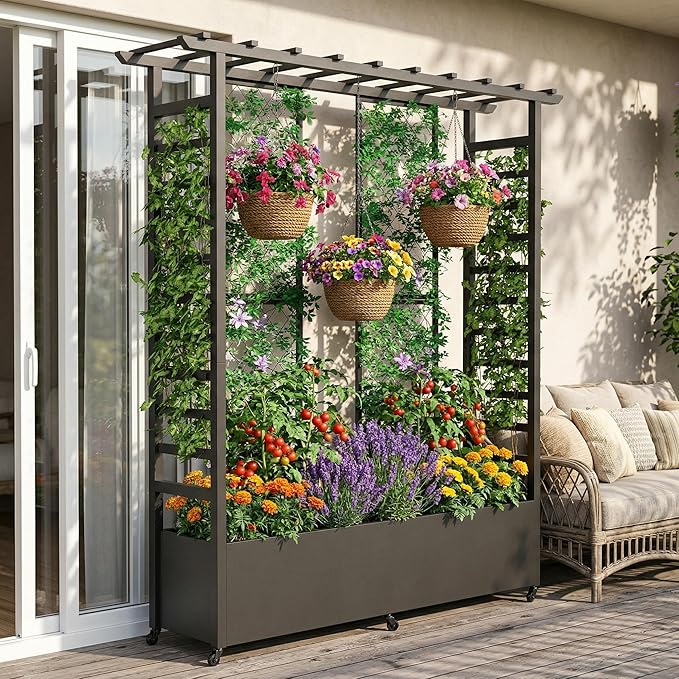 74 Mobile Planter with TrellisWeatherproof Vertical Raise Garden Bed with Trellis &amp Hanging Roof for Climbing PlantsFlowersVegetablesRust-Proof Metal Privacy Planter for Patio (Black-B)