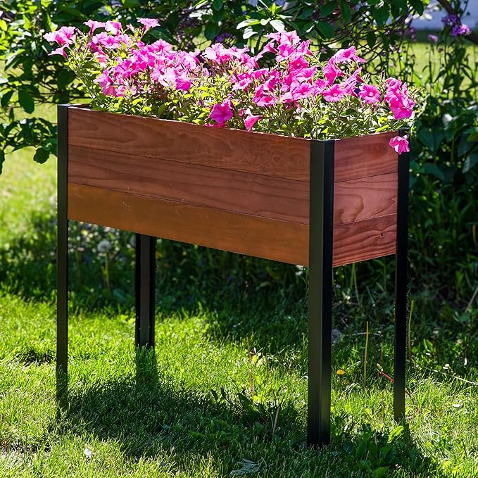 Sunnydaze Acacia Wood Raised Garden Bed with Legs - 31-Inch H - Powder-Coated Steel Frame - Removable Planter Bag - Brown