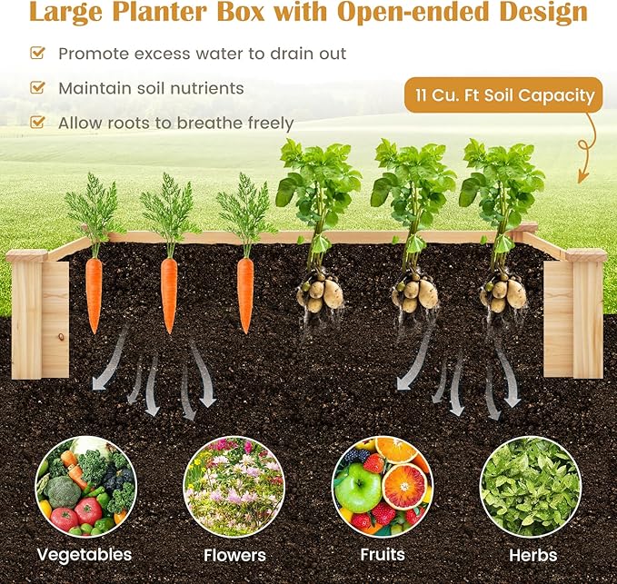 Giantex Raised Garden Bed 49x49x10 Wood Planter Box Kit w/Compost Bin &amp Open-Ended Bottom for Vegetables Flowers Herbs Fruits Elevated Square Planting Bed for Patio Backyard Garden