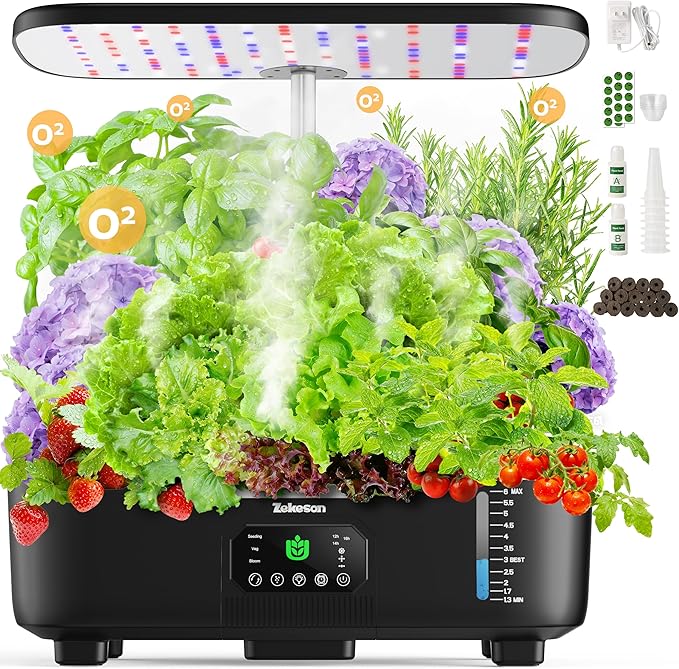 Misting Hydroponic Growing System Kit 15-Pods Indoor Smart Herb Garden Planter with LCD Touch Panel 6L Large Tank for Herb/Vegetables/Flowers/FruitsGardening Gifts for Women Men Beginners-Black