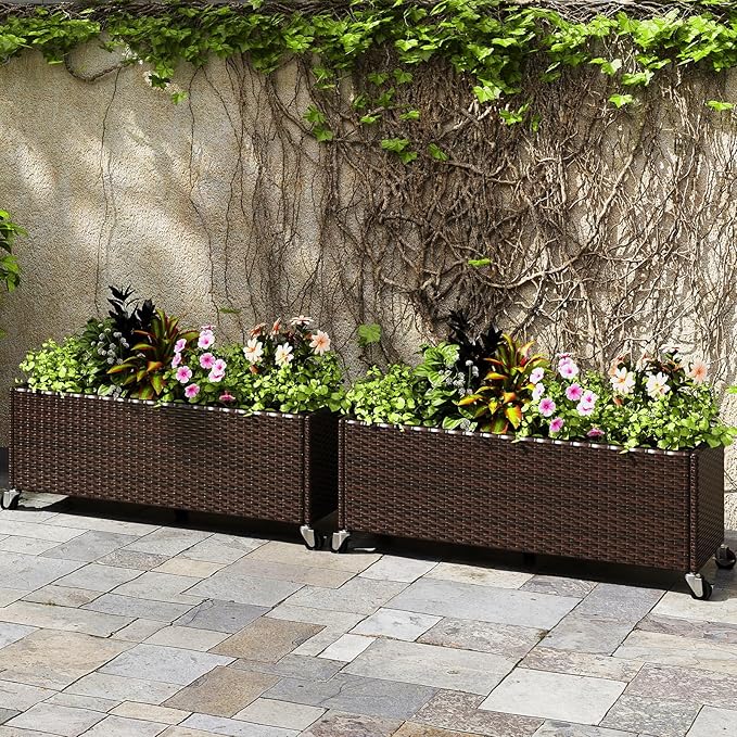 Giantex Wicker Raised Garden Bed with Wheels 38”x12”x14” Rectangular Garden Planter Box w/PE Rattan Liner Fabric Wicker Patio Elevated Raised Bed for Vegetable Flower Herb Porch Balcony