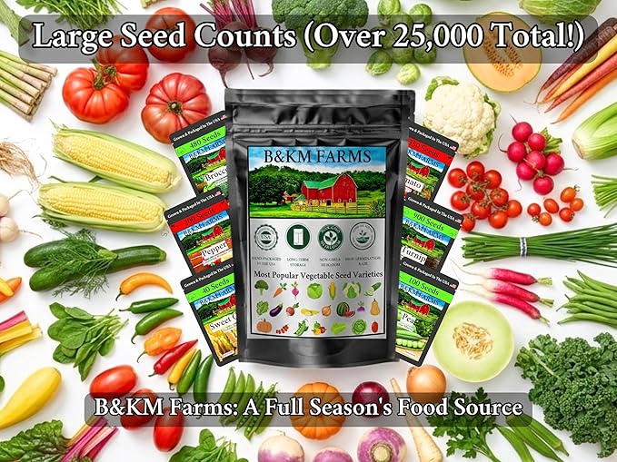 B&ampKM Farms 25000+ Heirloom Vegetable Seed Vault - 40 Non-GMO Varieties for Home Gardening &amp Food Security - Long-Term Mylar Storage in Weather-Resistant Reusable Pail - Made in USA
