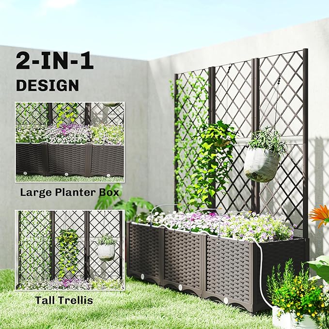 Outsunny 3PCS Plastic Planter Box with Trellis Self-Watering Raised Garden Bed with Trellis and Automatic Watering Timer Kit Outdoor Raised Planter with Drainage Holes Plugs and Water Reservoir