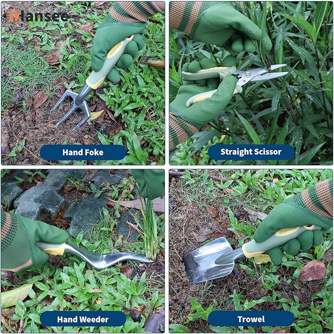 Set of 12 Garden Tool iHansee Heavy-Duty Aluminum Gardening Hand Tools with Rubber Non-Slip Handle Garden Apron Gloves Kneeling Pad and Storage Bag Garden Hand Tools Starter Kit Landscaping Tools