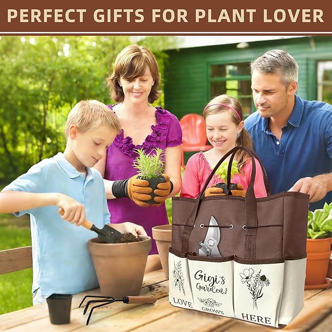 Gigi Gifts Garden Kit Gifts for Gigi Mothers Day from Grandkids Gardening Tools and Durable Garden Tools Organizer Tote Ideal Gardening Set for Women on Plant Lover Birthday Present Brown