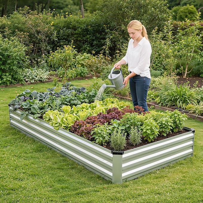G GOOD GAIN 8x4x1ft Galvanized Raised Garden Bed Heavy-Duty Metal Planter Boxes Outdoor for Vegetables Flowers Herbs Silver(2 Pack)