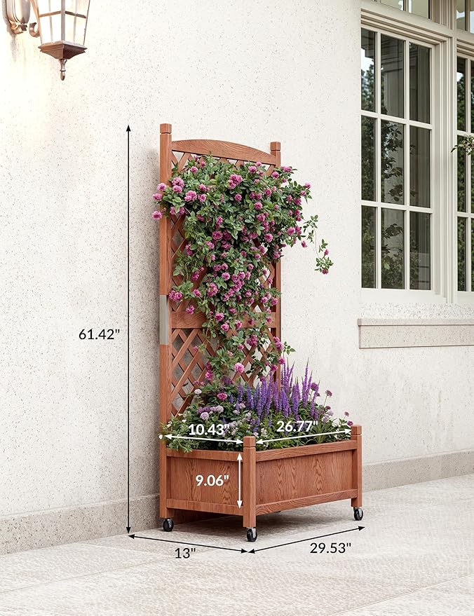 Planter Box with Trellis - 2PCS 61x26x30In Wood Raised Garden Bed with Diamond Lattice Trellis &amp Wheels Privacy Planters for Patio Drainage Holes for Climbing Plants Flowers Vegetables Outdoor