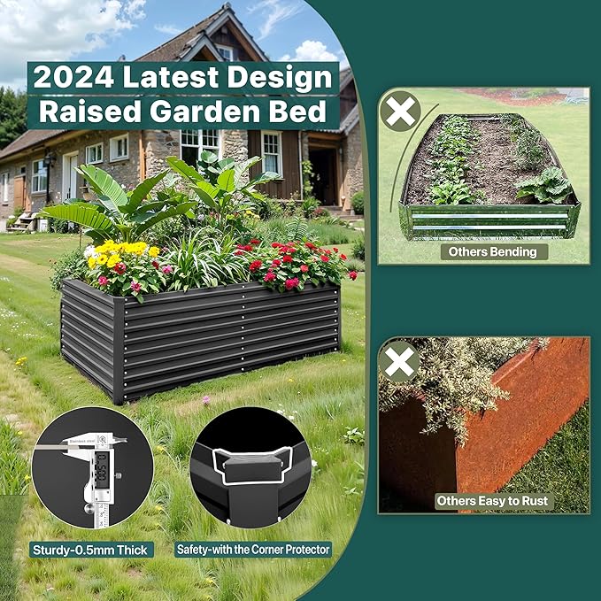 Raised Garden Bed 6x3x2ft Galvanized Raised Garden Beds Outdoor for Vegetables Flowers Herbs Steel Large Deep Planter Box Tall Raised Garden Bed with 3ftx30ft Weed Barrier Fabric and Glove Black