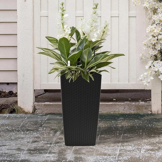 Square Planter for Indoor or Outdoor Use 22 Inch High Faux Rattan Flower Pot with Automatic Watering System for Porch Patio Backyard Makes Keeping Flowers Easier (Pack of 2 Black)