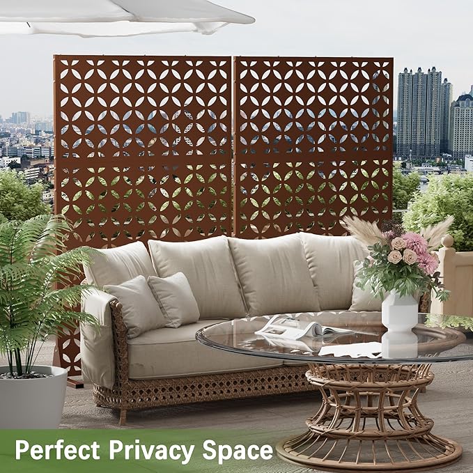Metal Privacy Screen Outdoor 72 H×44 W -Brown Freestanding Outdoor Privacy Panels with Stand Decorative Fence for Patio Deck Balcony（Clover）