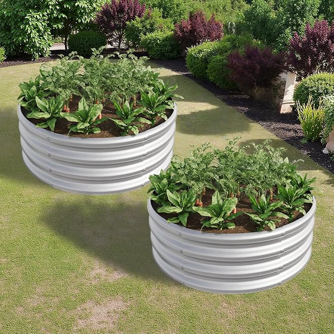2PCS 32.08 x 11.4 Tall Round Metal Raised Garden Bed - Outdoor Planter Box for Vegetables Flowers Herbs &amp Fruits Backyard Patio Raised Beds Silver